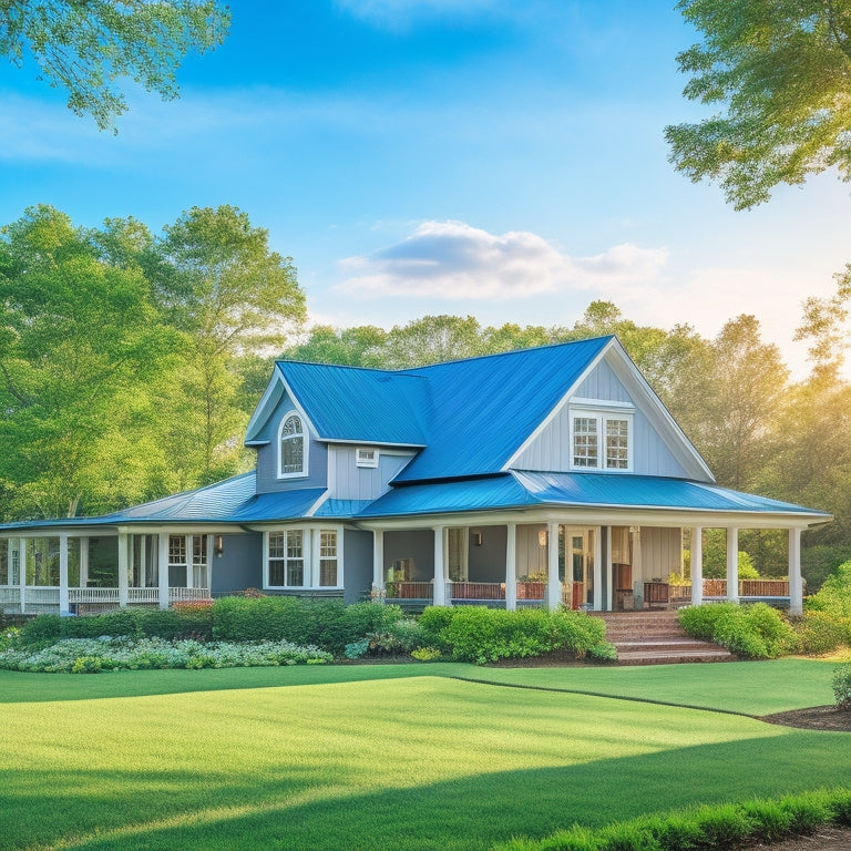 A serene suburban home with a sloping metal roof in a light, reflective color, surrounded by lush greenery, with a few wispy clouds in a bright blue sky, conveying a sense of coolness and tranquility.