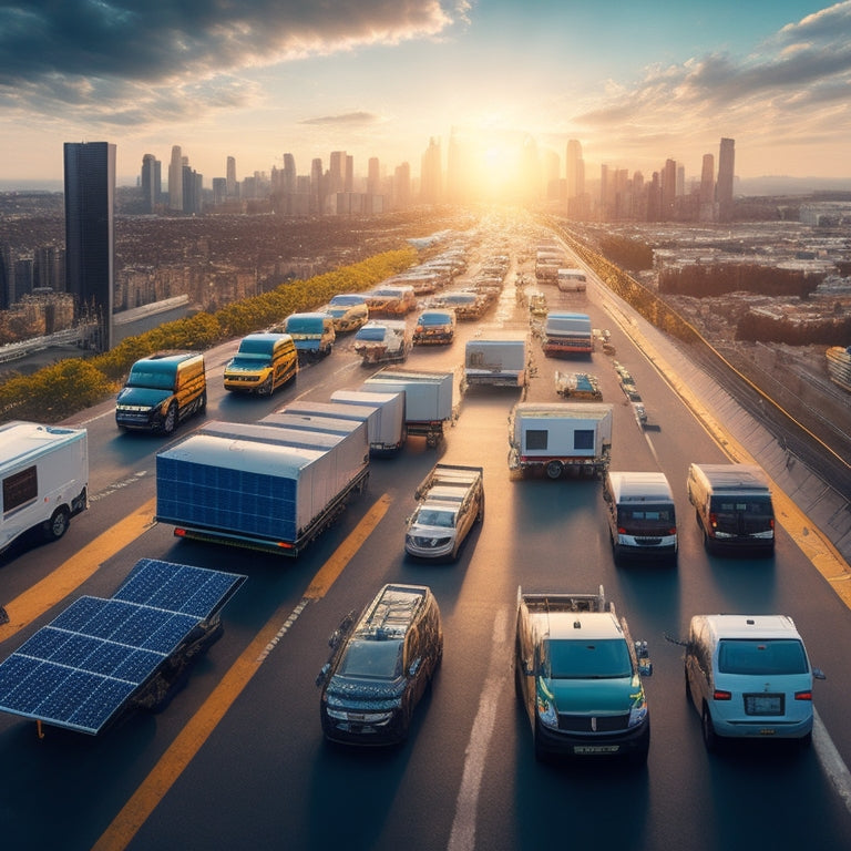 An illustration of a cityscape with a fleet of electric trucks and vans parked in a row, each with a solar panel on the roof, all connected to a large battery in the center.