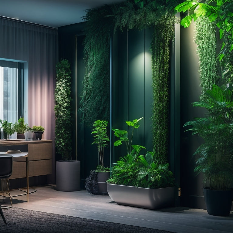 A futuristic, sleek, and modern urban apartment with a floor-to-ceiling, lush, and vibrant green wall, featuring a mix of leafy greens, herbs, and flowers, illuminated by soft, warm LED grow lights.