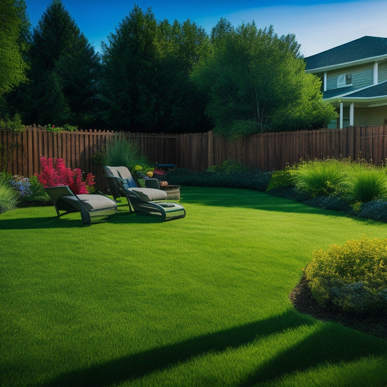 A serene, sun-drenched backyard with lush green grass, vibrant flowers, and a few strategically placed, sleek, eco-friendly yard tools, such as a cordless lawn mower and a rechargeable trimmer.