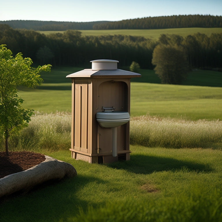 A composting toilet setup with a wooden cabinet, urine-diverting seat, and tubular ventilation system, surrounded by lush greenery, with a faint outline of a rural homestead in the background.