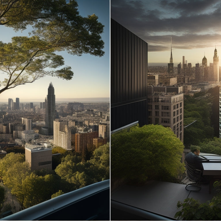 A split-screen image: a dark, heat-absorbing rooftop on the left, with a sweating, overheated cityscape in the background, versus a cool, reflective rooftop on the right, with a calm, shaded cityscape and trees swaying in the breeze.