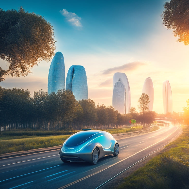 A futuristic cityscape at dusk with sleek, eco-friendly electric vehicles zooming by, surrounded by lush greenery and a bright blue sky with a few wispy clouds.