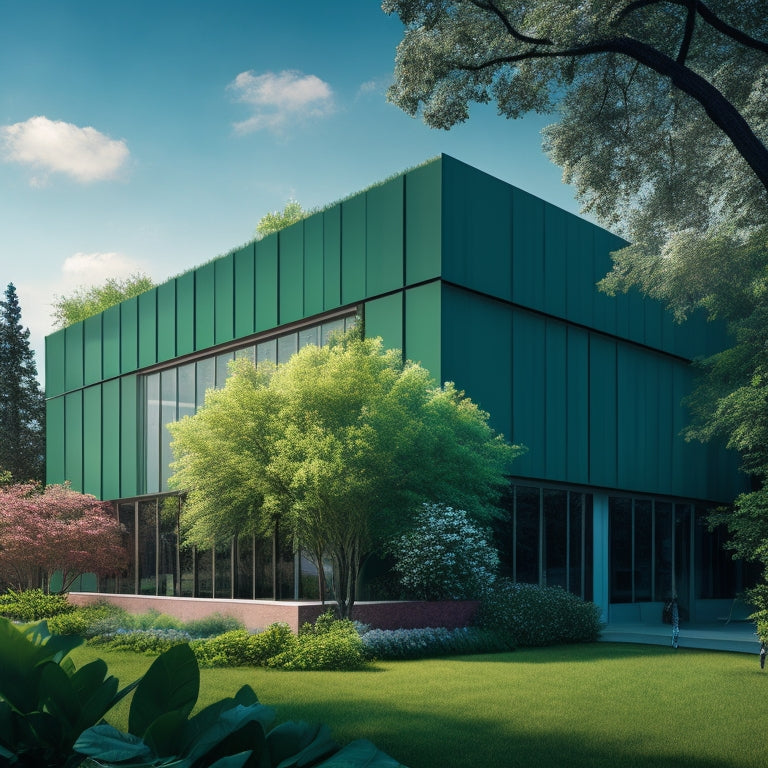 An illustration of a modern, sustainable building with bright green trees and vines growing up the exterior, juxtaposed with a thermal imaging overlay showcasing energy efficiency hotspots.