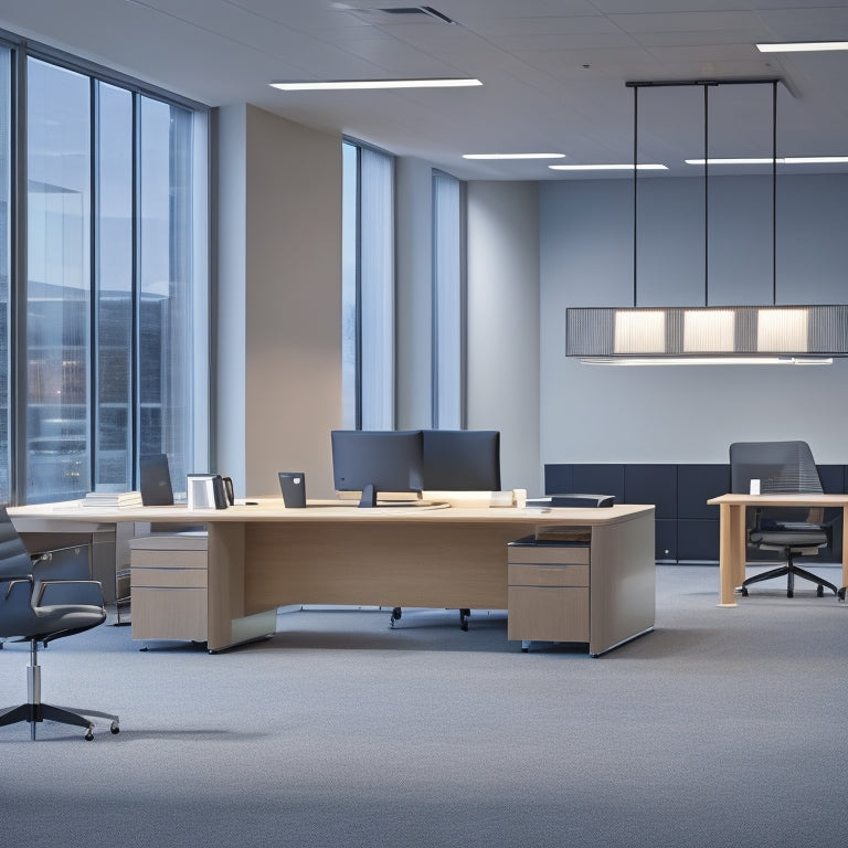 A modern office space with sleek, minimalist desks and chairs, illuminated by a combination of energy-efficient LED panels, pendant lights, and floor lamps with sensors and timers.