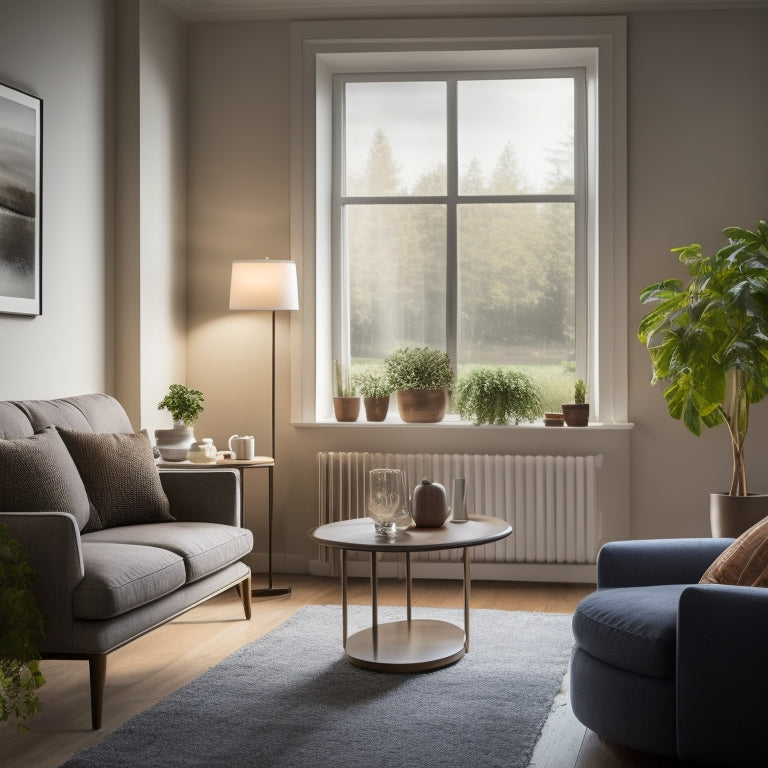 A serene, well-lit living room with a prominent window, showcasing energy-efficient features: a smart thermostat, LED bulbs, and a programmable coffee maker, amidst a minimalist, eco-friendly interior design.