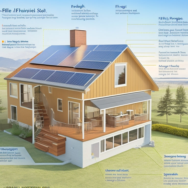 A split-level illustration of a solar-powered home with various insulation types: fiberglass in the attic, spray foam in the walls, and radiant barrier in the roof, with energy-efficient appliances and solar panels.
