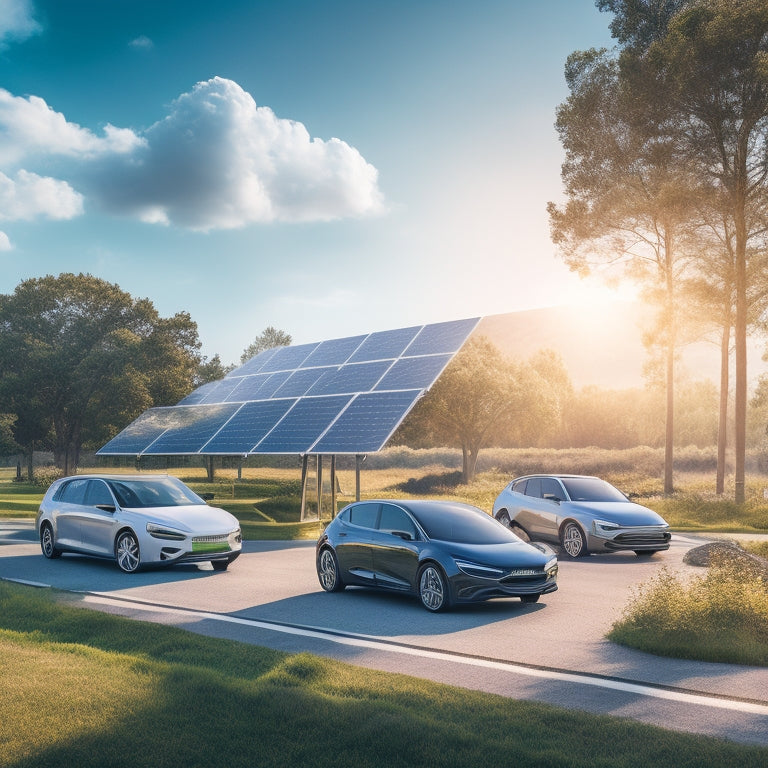 A futuristic illustration of electric vehicles parked in a row, with a large solar panel array in the background, casting a subtle glow on the vehicles, surrounded by lush greenery and a clear blue sky.