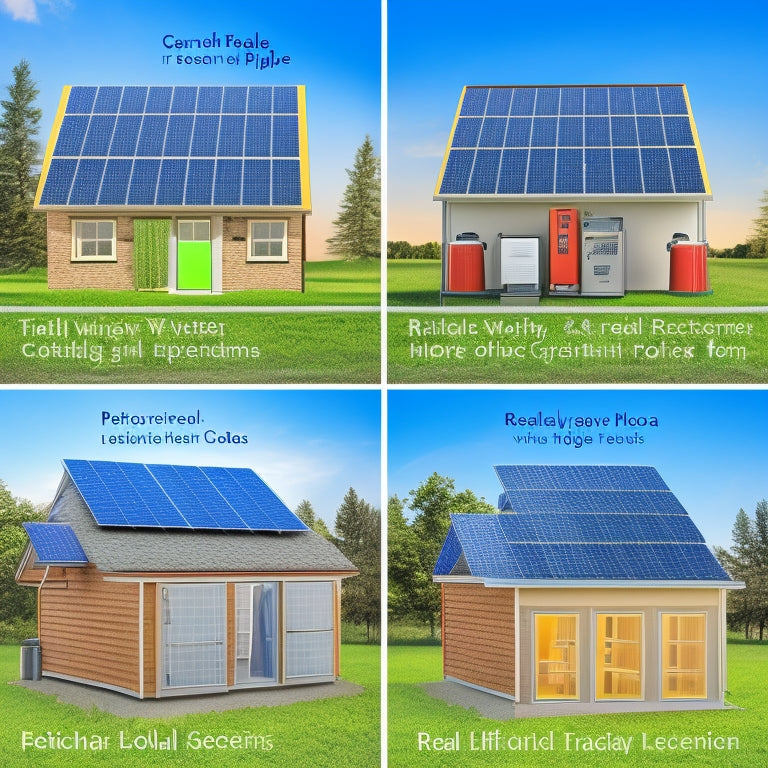 An illustration of three separate solar water heating systems side-by-side, each with distinct components (tanks, panels, pipes) and settings (roof, ground, backyard), showcasing different off-grid designs.