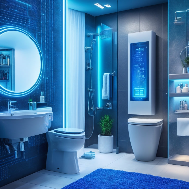 A futuristic illustration of a sleek, modern bathroom with a low-flow showerhead, a touchless faucet, and a smart toilet with a digital display, set against a backdrop of circuit boards and wires.