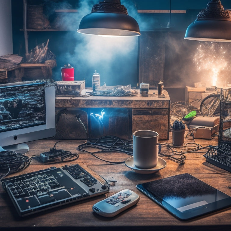 An image depicting a messy workspace with multiple devices plugged into a standard power strip, with sparks flying and smoke rising, contrasted with a tidy workspace using a power strip with overload protection, with a calm, safe atmosphere.