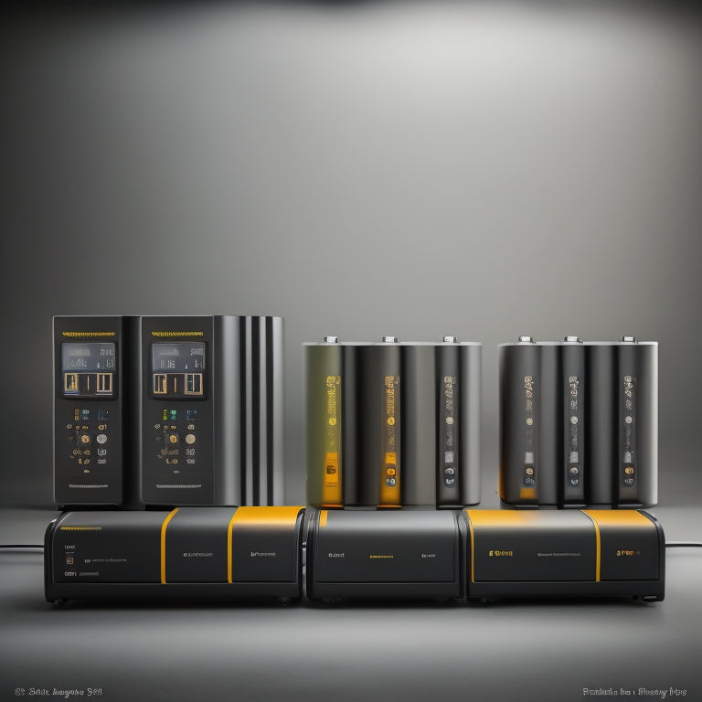 A split-screen illustration featuring six home battery systems, each with a unique design and size, arranged in a staggered formation, with capacity indicators (e.g., percentage bars, gauges) and varying battery levels.