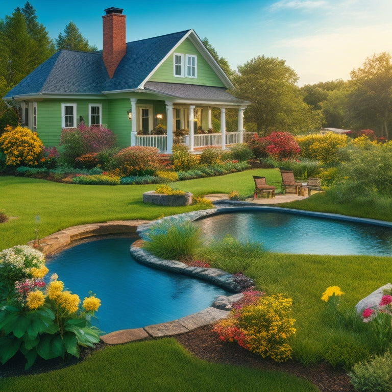 A serene solar-powered home with a lush green lawn and vibrant flowers, surrounded by water-saving cleaning tools like a bucket with a dripless spout and a mop with a microfiber head.