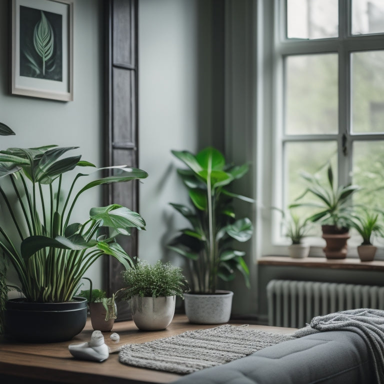 A serene apartment interior with lush greenery: a snake plant on a side table, a peace lily on a windowsill, and a spider plant hanging from the ceiling, amidst a faint, calming mist.