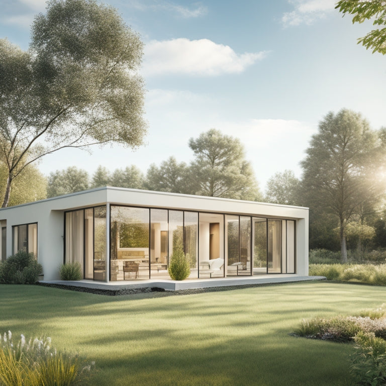 A modern, eco-friendly home with large windows, automated shades in a light gray tone, and a lush green backyard, surrounded by trees, with a subtle sun glow and a few puffy white clouds in the sky.
