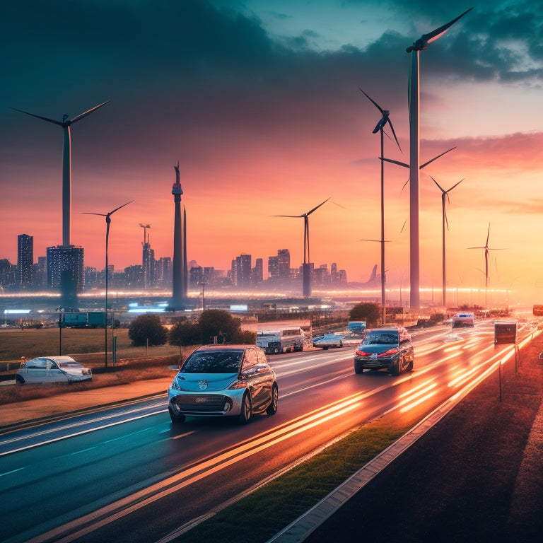 A futuristic cityscape at dusk with sleek, electric vehicles of varying sizes (cars, buses, trucks) zipping by, surrounded by glowing charging stations and wind turbines in the background.