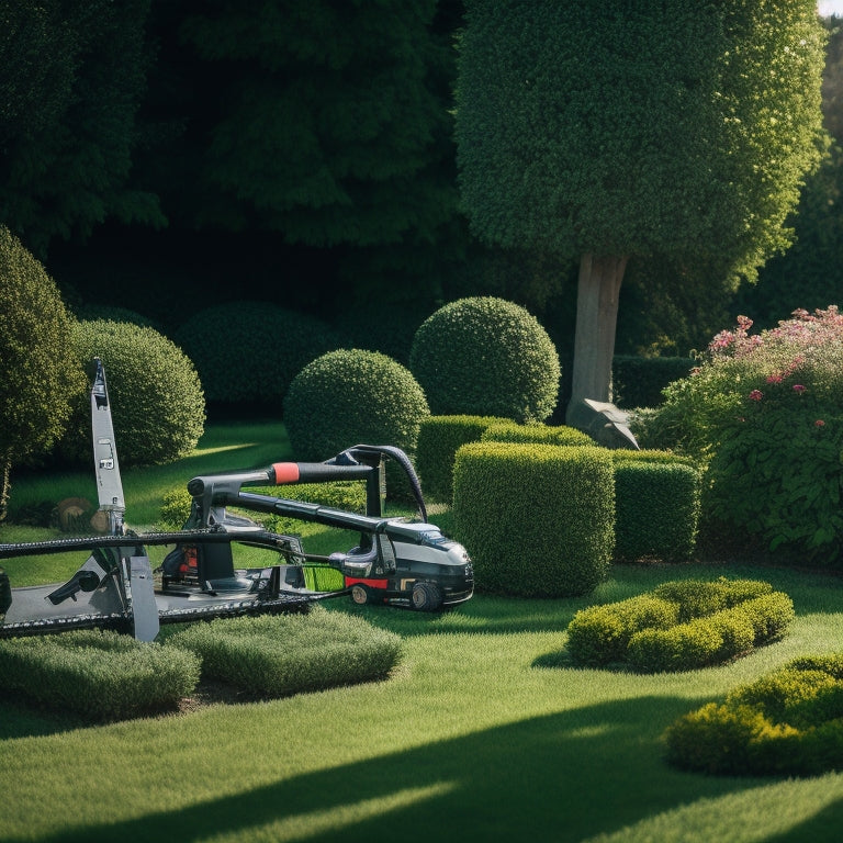 A serene, sun-drenched garden with lush green hedges, featuring five different battery-powered hedge trimmers with varying handle colors and designs, scattered around a neatly manicured lawn.