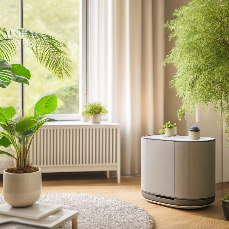 A serene, minimalist living room with a sleek smart air purifier on a side table, surrounded by lush green plants, soft natural light, and a subtle background of circuitry patterns.