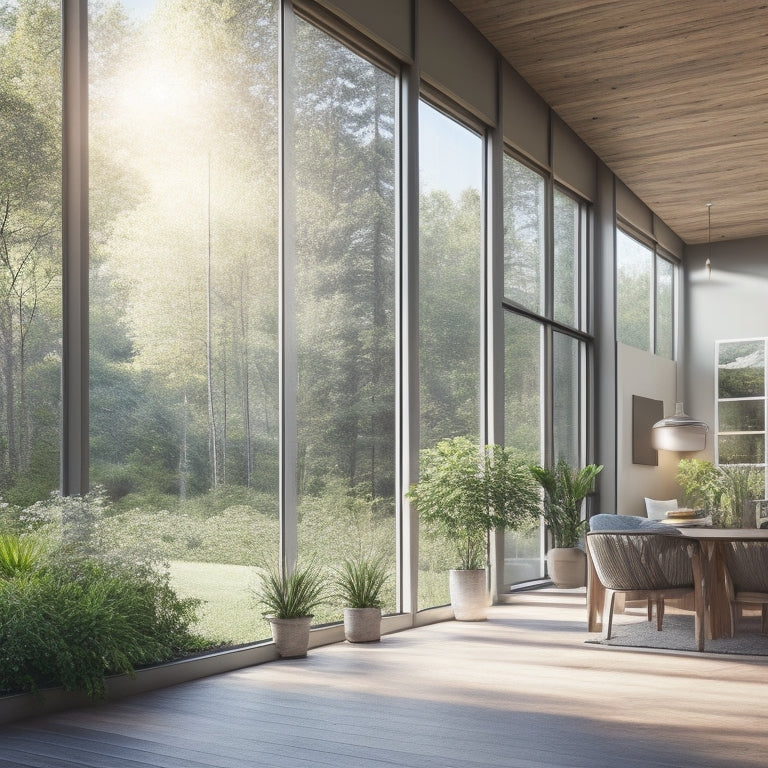 A serene, modern passive home with large windows, surrounded by lush greenery, featuring automated shades in a neutral color, partially open to allow soft, warm sunlight to filter in.