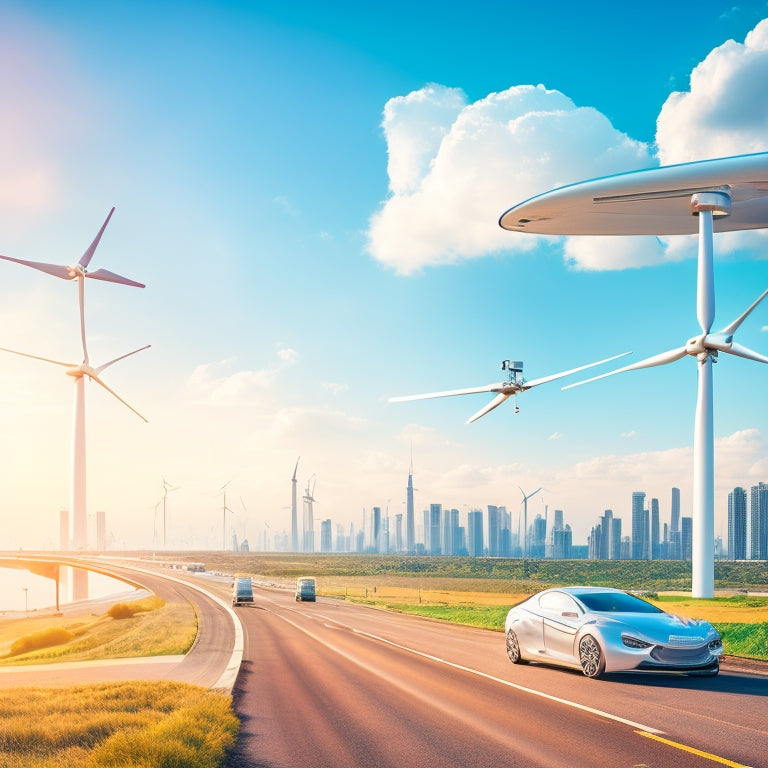 A futuristic cityscape with sleek, aerodynamic electric vehicles in various shapes and sizes zooming by, amidst a backdrop of wind turbines, solar panels, and a bright blue sky with fluffy white clouds.