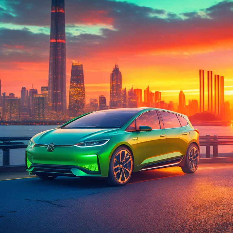 A stylized illustration of a sleek, electric vehicle with a green glow surrounding it, set against a cityscape at sunset, with coins and leaves bursting out of the car's windows and doors.