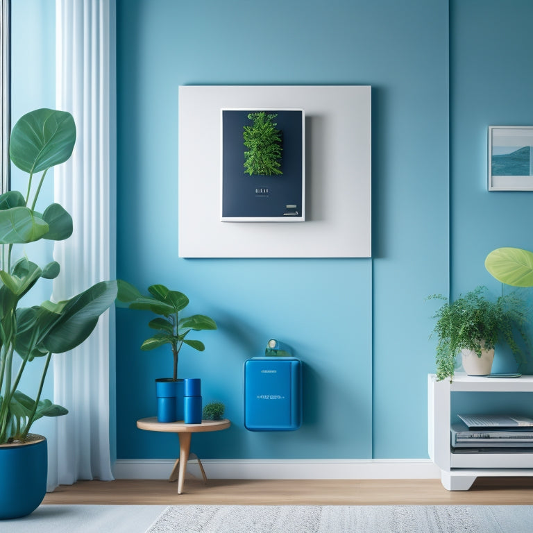 A minimalist illustration of a modern apartment with a sleek energy monitor on the wall, surrounded by lush green plants and a few eco-friendly gadgets, set against a calming blue background.