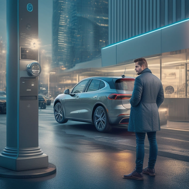 An illustration of a person standing in front of an electric vehicle (EV) with an open wallet, surrounded by coins and a faint background of a cityscape, with a subtle electric plug pattern.