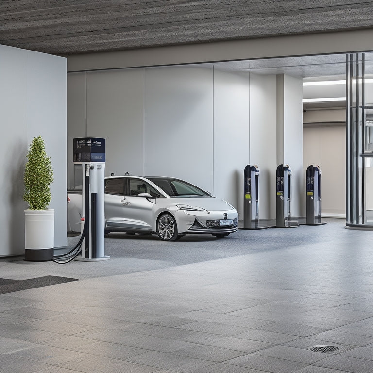An illustration of a modern apartment building with EV charging stations installed in the parking garage, featuring sleek, wall-mounted chargers and electric vehicles plugged in, amidst a clean and minimalist aesthetic.