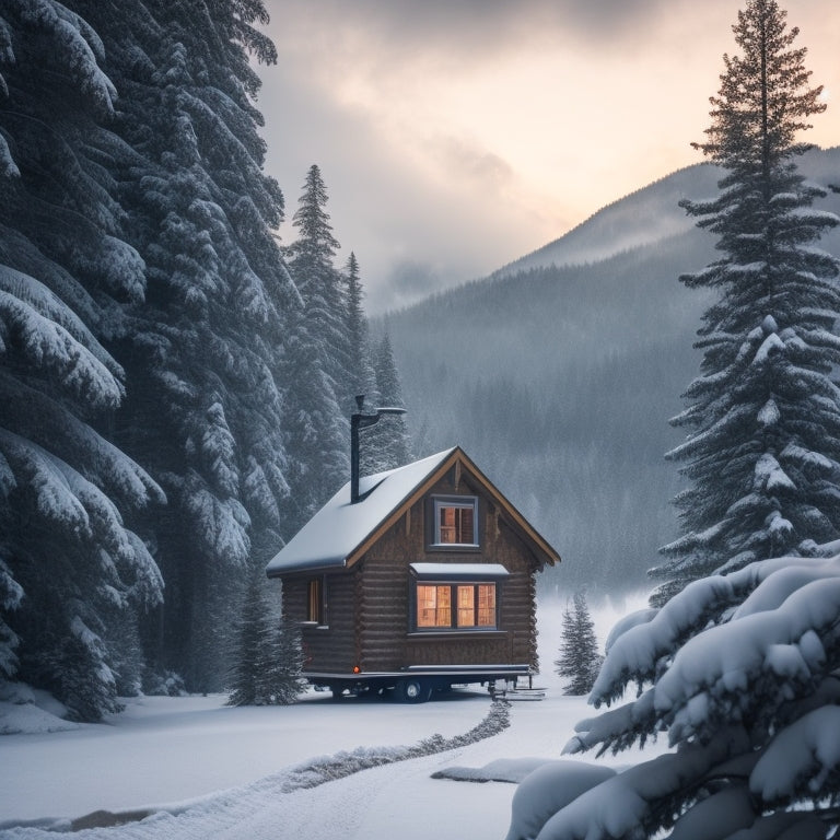 A serene, snow-covered tiny home surrounded by evergreen trees, with a small, sleek pellet stove chimney emitting a gentle puff of white smoke, amidst a backdrop of misty mountains.