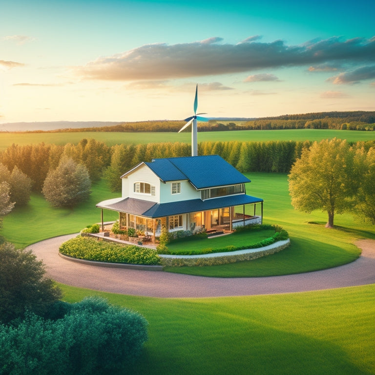 A serene suburban landscape with a single-story house, solar panels on the roof, and a wind turbine installed in the backyard, surrounded by lush greenery and a few fluffy white clouds.