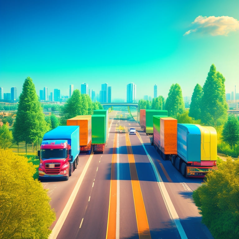 A stylized illustration of a cityscape with a prominent highway, featuring a convoy of colorful electric trucks driving in unison, with bright green trees and a sunny blue sky in the background.