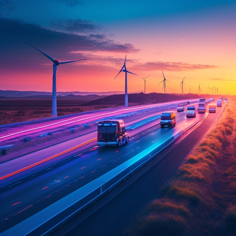 A futuristic highway scene at dusk, with sleek, aerodynamic electric vehicles in shades of silver and blue, zipping past wind turbines and solar panels, under a sky with hues of orange and pink.