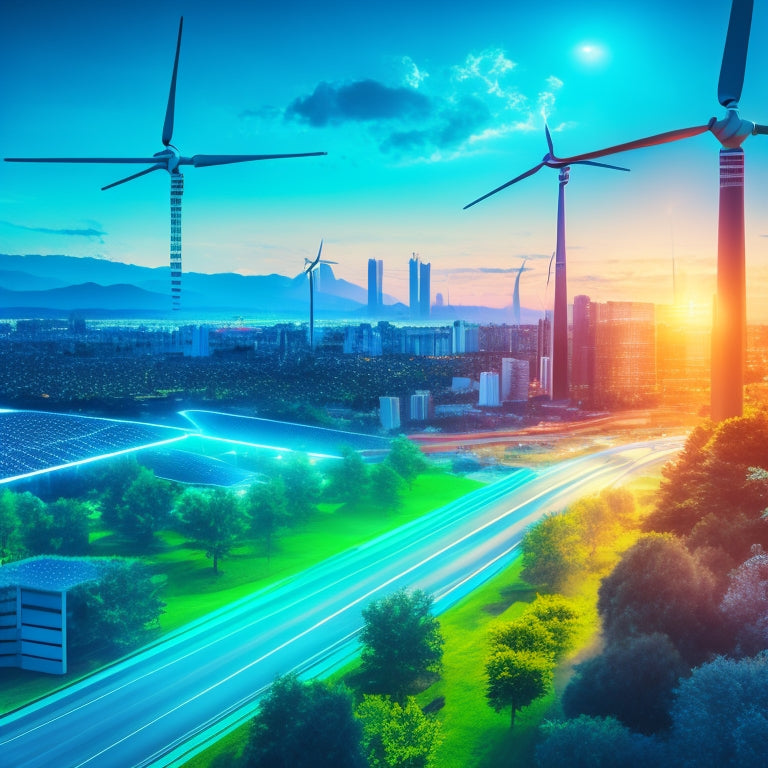 An illustration featuring a futuristic cityscape with greenery, wind turbines, and solar panels, surrounded by a network of interconnected, glowing blue circuits and wires, symbolizing sustainable energy management.