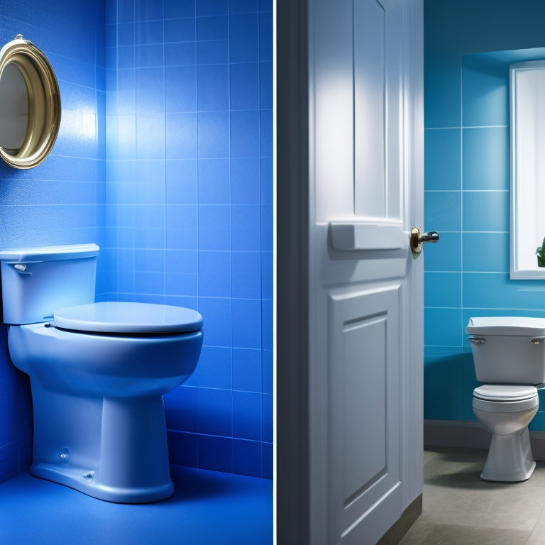A split-screen image: a conventional toilet with a swirling mix of waste and water, versus a urine-separating toilet with a clear, odorless liquid and a compact, dry waste compartment.
