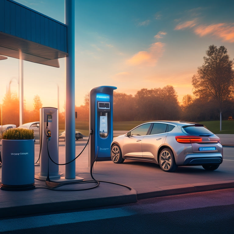 A futuristic, well-lit electric vehicle charging station with sleek, silver charging points and a large, digital display showing real-time data, surrounded by safety cones and a checklist clipboard.