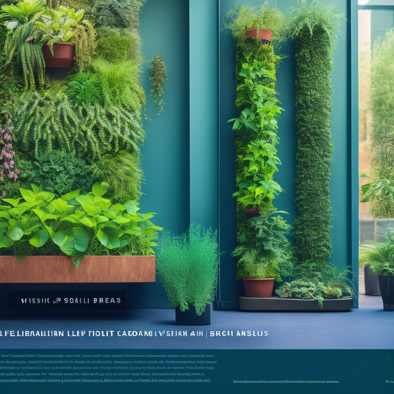 An illustration of a thriving vertical garden with varied leafy greens and herbs, showcasing different soil blends in separate pockets, with roots and moisture levels visible, amidst a sleek, modern urban backdrop.