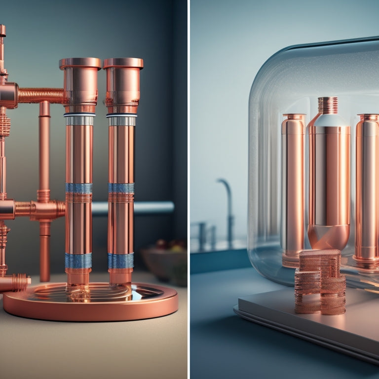 An illustration featuring a side-by-side comparison of evacuated tubes and flat plate collectors, with copper pipes, reflective surfaces, and a subtle sunny background, highlighting their distinct designs.
