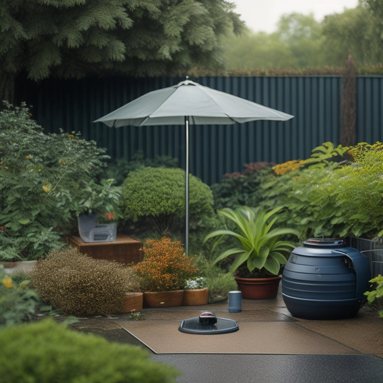 A serene backyard scene with a partially hidden rainwater tank, surrounded by lush greenery and a few scattered raindrops, with a subtle grid pattern of measuring tape and calculator in the foreground.