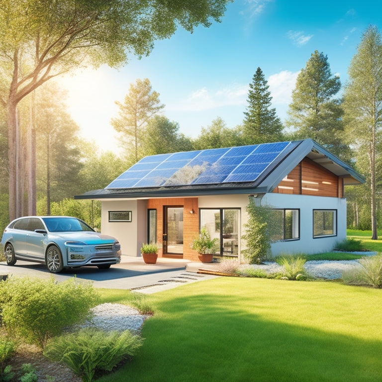 A serene, modern eco-friendly home with solar panels on the roof, a wind turbine in the backyard, and a electric vehicle charging station in the driveway, surrounded by lush greenery and a bright blue sky.