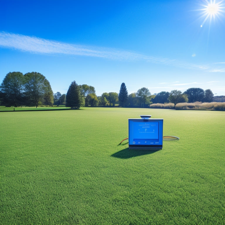 An image depicting a lush green lawn with a few wilting brown spots, surrounded by a smart irrigation system with sensors and a touchscreen controller, under a sunny blue sky with a few fluffy white clouds.