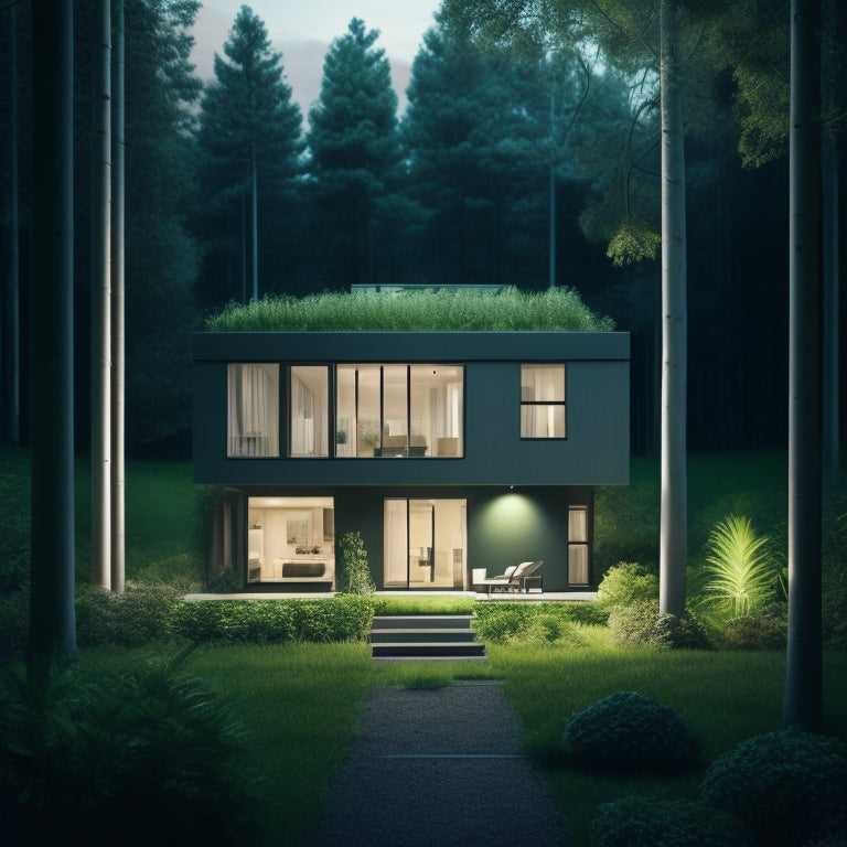 A minimalist illustration featuring a modern, eco-friendly home surrounded by lush greenery, with a subtle grid of calculations and energy efficiency metrics in the background, overlaid with a faint green glow.