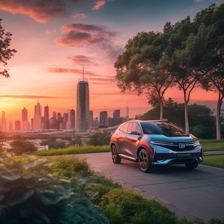 A futuristic cityscape at sunset, with Honda's electric SUV prominently parked in front of a sleek, modern charging station, surrounded by lush greenery and a blurred cityscape in the background.
