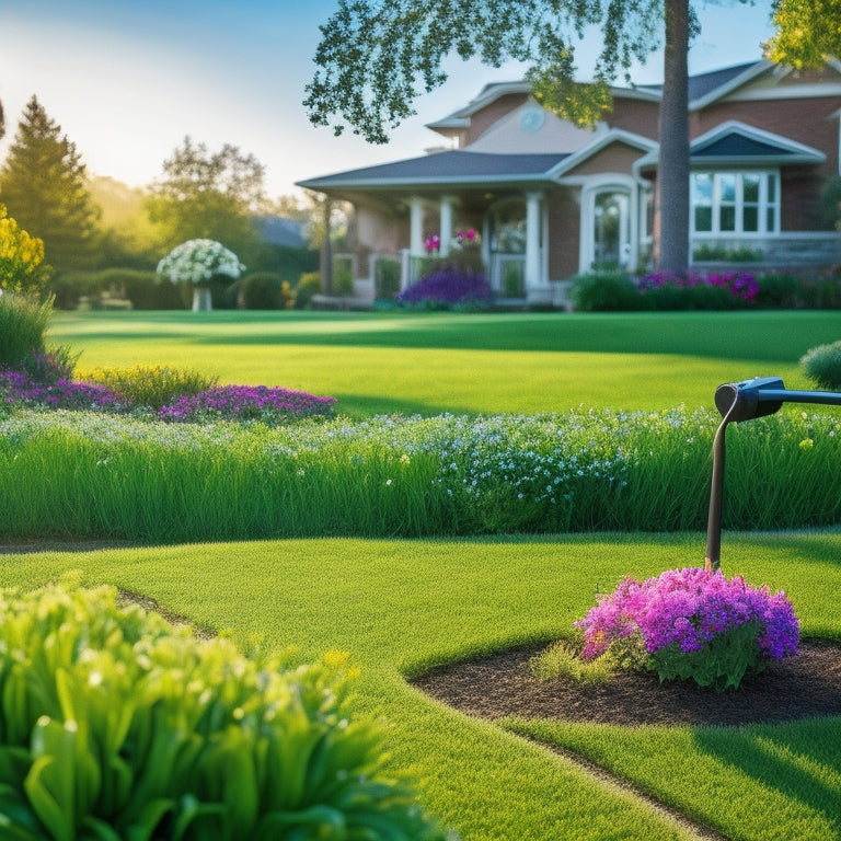 A serene, sun-kissed lawn with lush green grass, surrounded by vibrant flowers and a few trees, featuring a discreetly placed water-wise lawn sensor and a sleek, modern irrigation controller in the background.