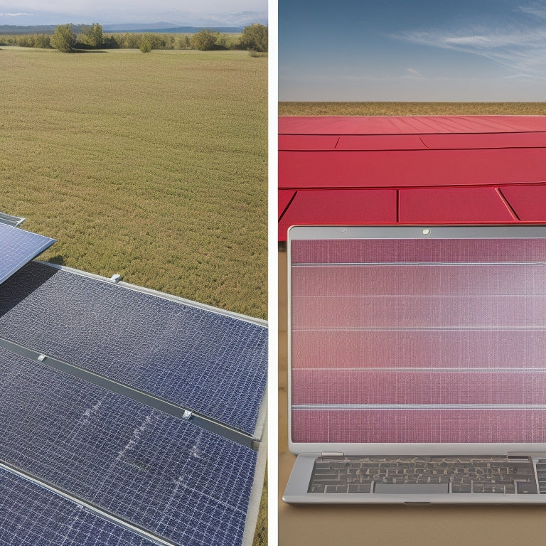 A split-screen image featuring a solar panel array on the left, with shaded areas highlighted in red, and a laptop on the right, displaying a 3D model of the same array with shading analysis data overlaid.