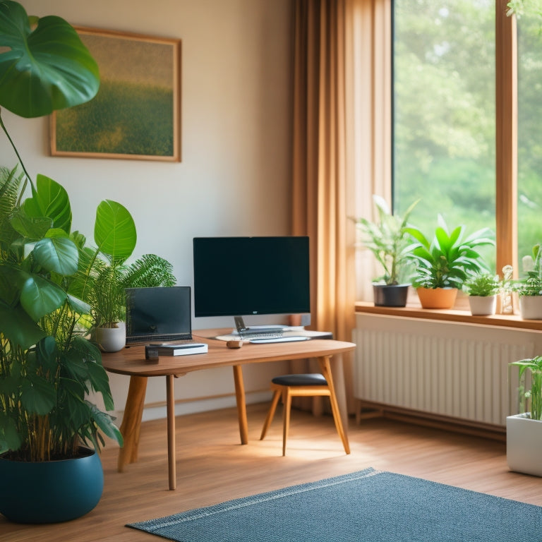 A minimalist living room with a sleek, wooden desk, a laptop, and a few devices connected to a USB-C strip, surrounded by lush green plants and natural light, conveying eco-friendliness and modernity.