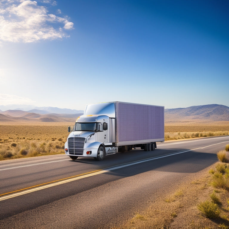 A photorealistic illustration of a box truck with solar panels installed on its roof, driving on a sunny highway surrounded by rolling hills and a blue sky.