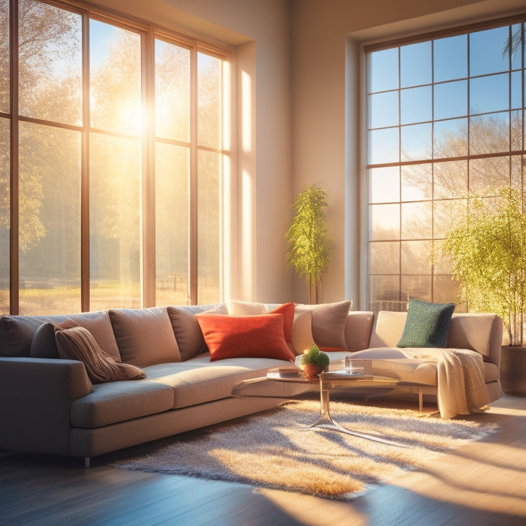 A serene, modern living room with large argon-filled windows, warm sunlight streaming in, and a faint, shimmering aura around the panes, symbolizing energy efficiency and coziness.