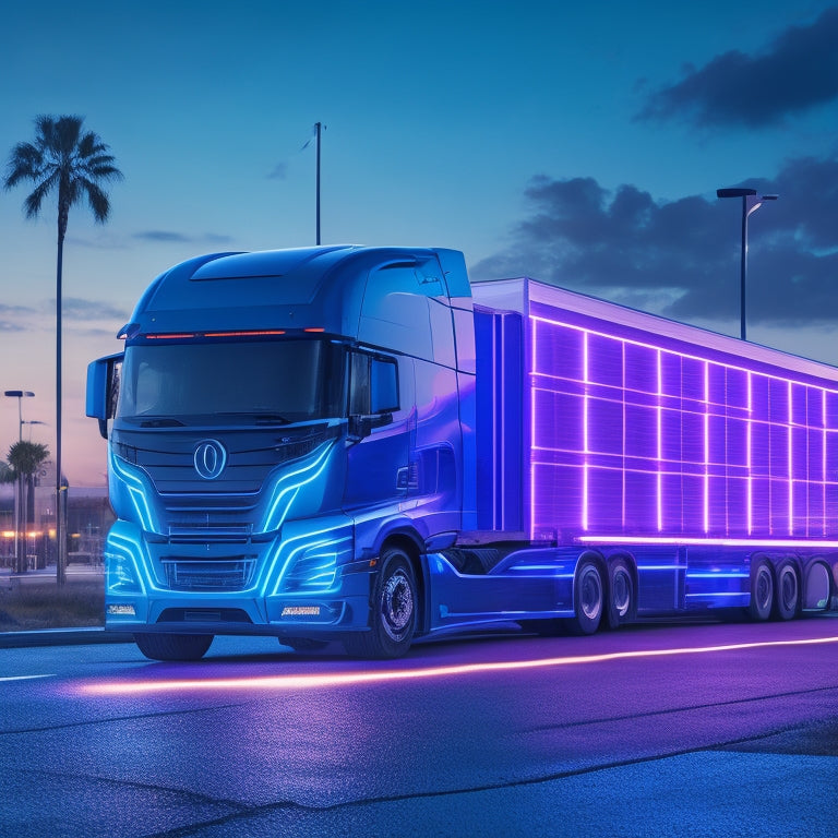 A stylized illustration of a futuristic electric truck parked in front of a sleek, modern charging station, with bright blue electricity sparks and glowing circuit patterns surrounding the vehicle.
