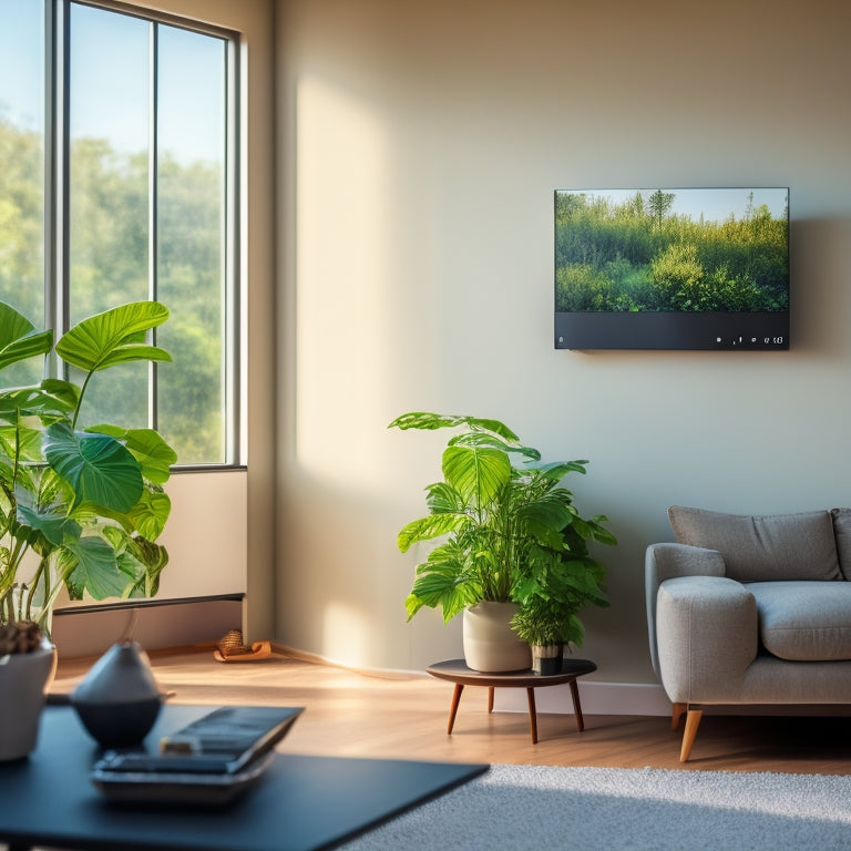 A modern living room with a sleek, minimalist thermostat on the wall, surrounded by lush green plants, with a subtle sunlight glow and a faint outline of a decreasing graph in the background.