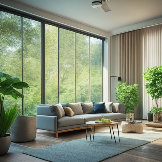 A modern, eco-friendly living room with automated shades, surrounded by lush greenery, featuring a sleek, minimalist aesthetic, with warm natural light filtering through the partially closed shades, highlighting energy efficiency.